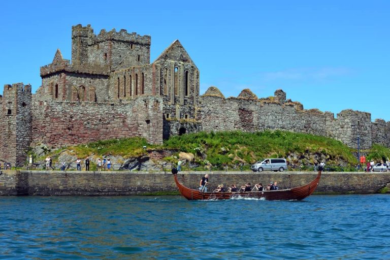 Peel Castle with viking longboat